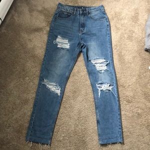 Distressed 100% cotton high rise jeans